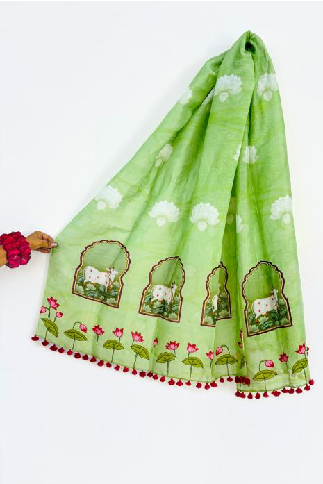 Printed Pichwai designs green coloured dupatta.