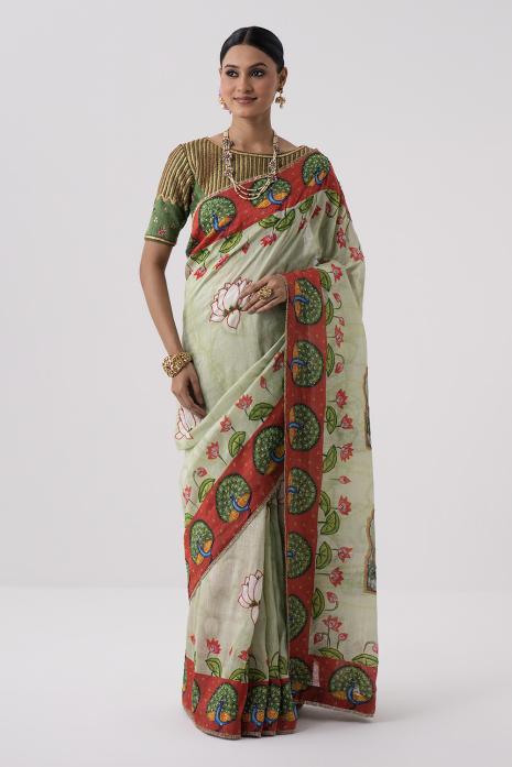 Hand Embroidered Pichwai Tussar Linen Saree