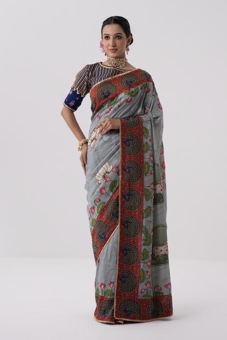 Hand Embroidered Pichwai Tussar Linen Saree