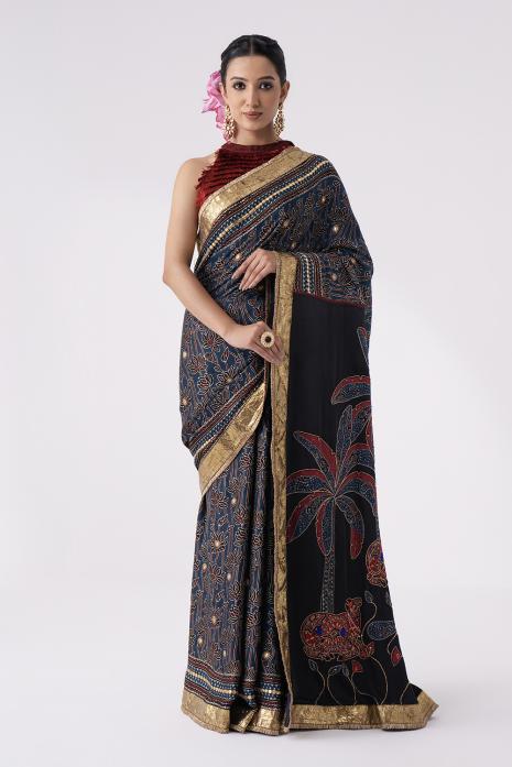  Hand Painted & Hand Embroidered Pichwai Ajrakh Saree 