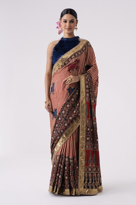 Hand Embroidered Pichwai Ajrakh Saree
