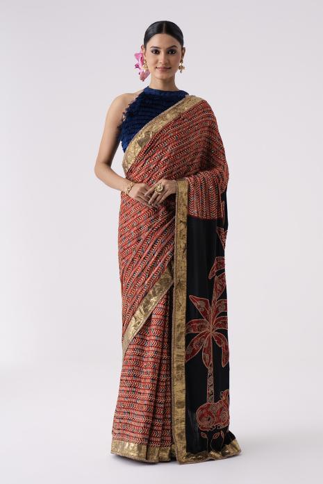 Hand Painted & Hand Embroidered Pichwai Ajrakh Saree