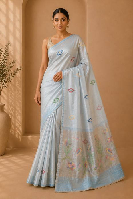 Blue Jamdani Handwoven Saree