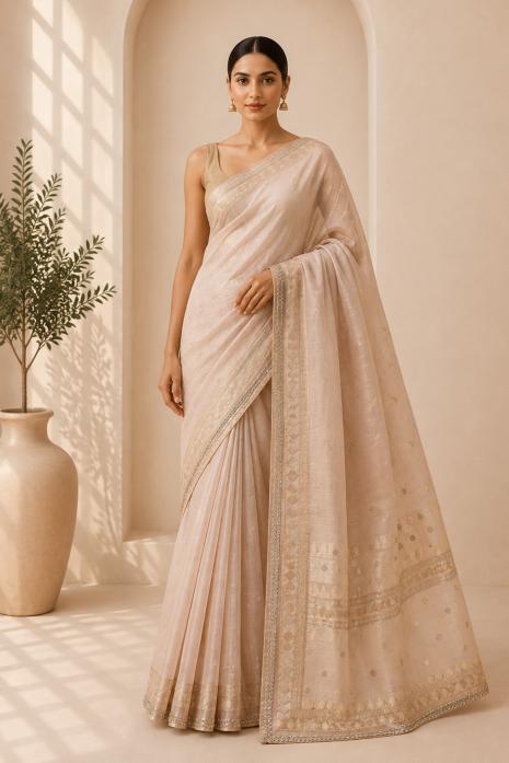 Off White Pichwai Jamdani Saree