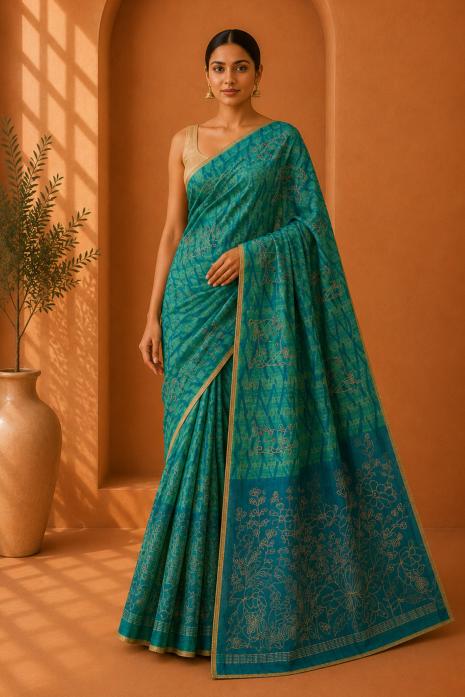 Teal Blue Pichwai Handwoven Saree