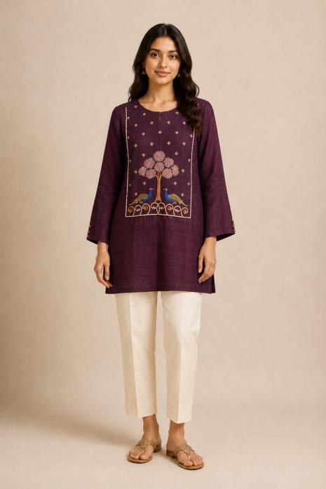 Wine Pichwai Hand Embroidered Tunic