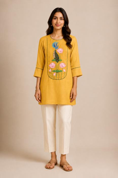 Yellow Pichwai Hand Painted & Hand Embroidered Tunic
