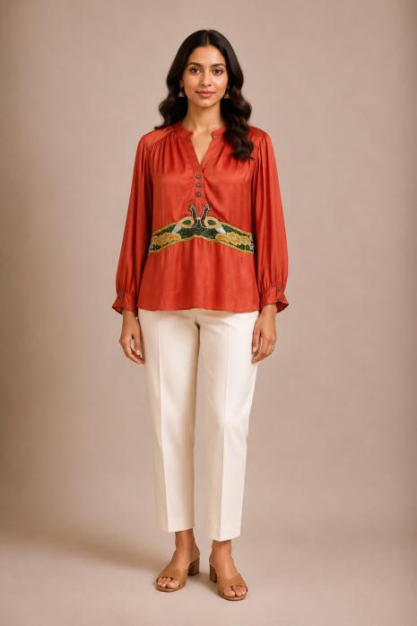 Red Pichwai Hand Embroidered Top