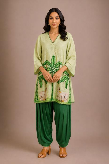 Green Pichwai Hand Painted Tunic Set