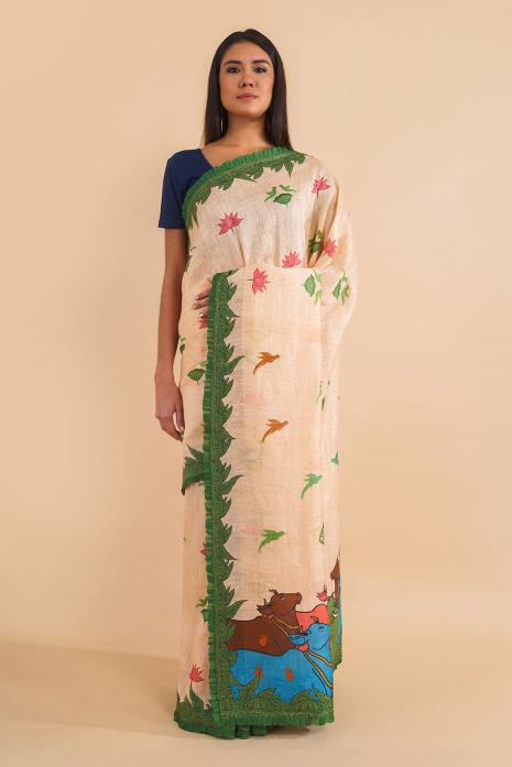 Handwoven Tussar Linen Pichwai Saree