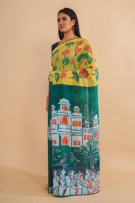 Handwoven Linen Batik Pichwai Saree